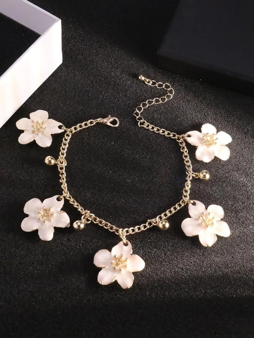 Anthropologie Gold Anklet with White Flower Charms